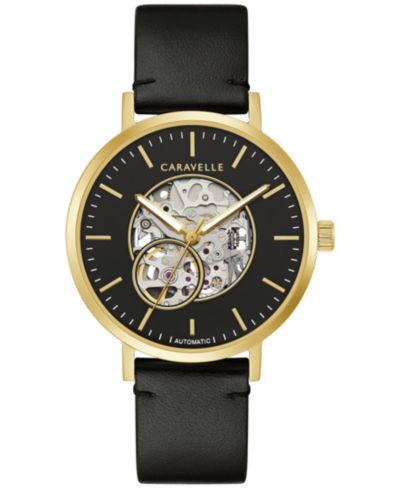 Caravelle Designed by Bulova Men's Automatic Black Leather Strap Watch 39.5mm