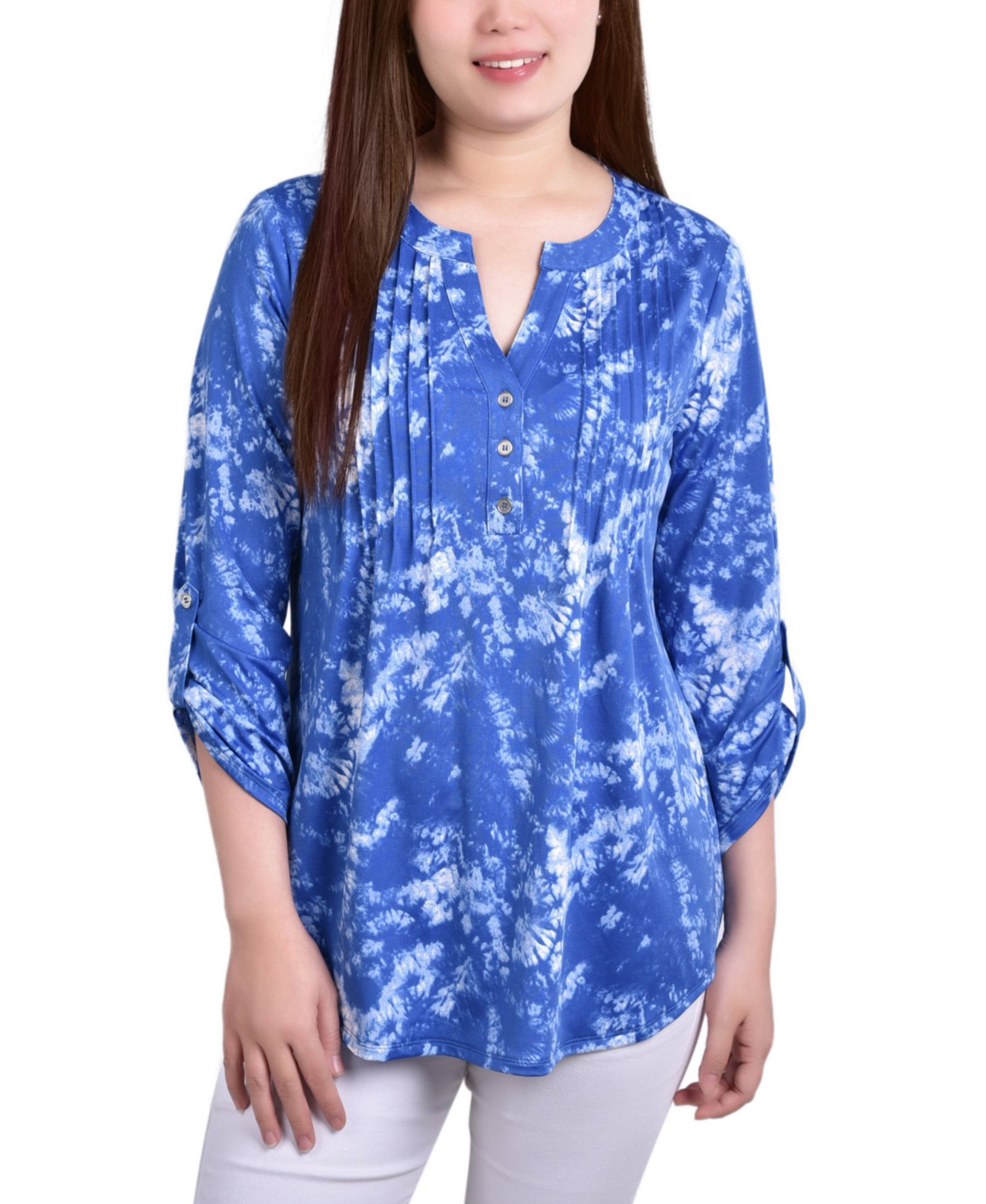 NY Collection Women's Knit Jacquard 3/4 Sleeve Roll Tab Top