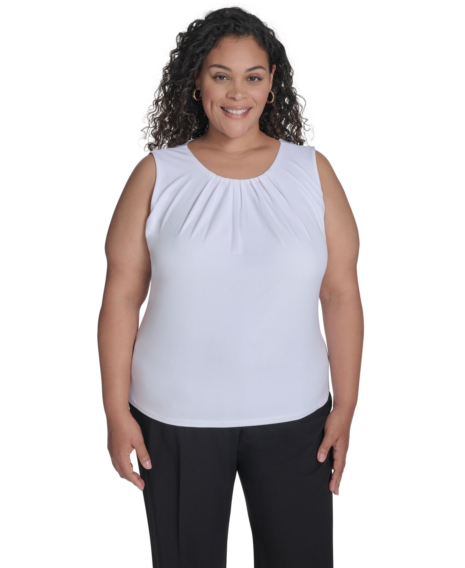 Calvin Klein Plus Size Sleeveless Pleat-Neck Top