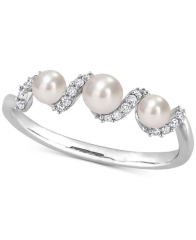 Кольцо Swirl из белого золота 14k с натуральным жемчугом (3-4mm) и бриллиантами (1/10 ct. t.w.)