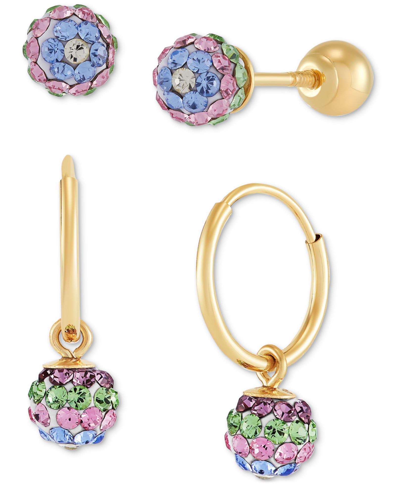 Детские серьги-гвоздики и серьги-кольца 2 шт. с кристаллами в 14k золоте