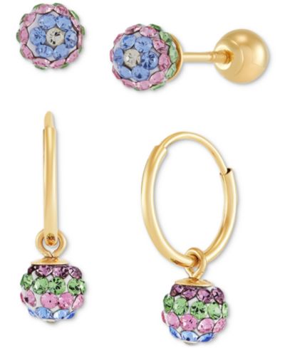 Детские серьги-гвоздики и серьги-кольца 2 шт. с кристаллами в 14k золоте