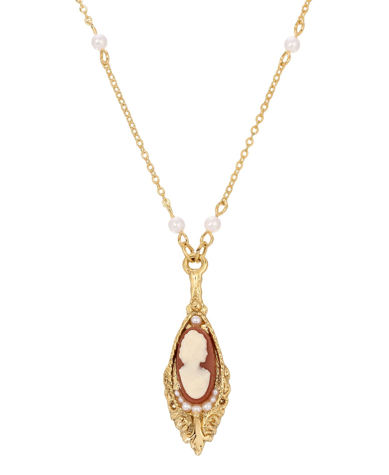 Ожерелье 2028 14K Gold-tone Carnelian Cameo Drop Imitation Pearl Chain