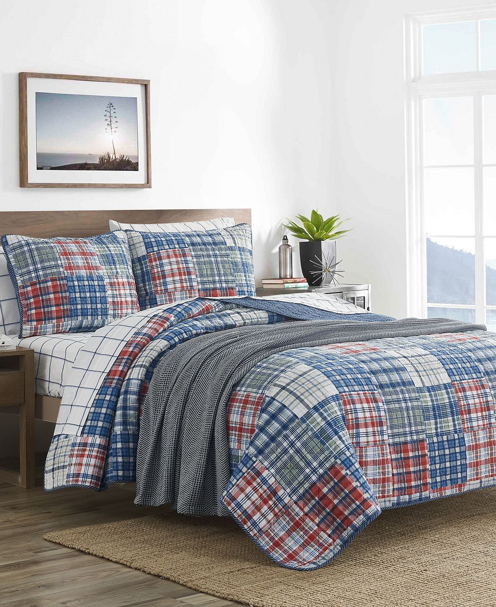 Nautica Raeford Blue Cotton Reversible 3 Piece Quilt Set, Full/Queen