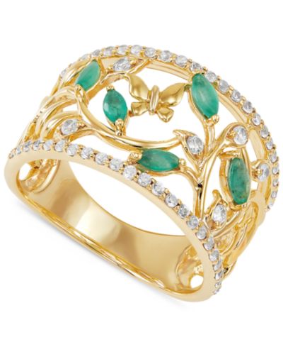 Кольцо с изумрудом (3/8 ct. t.w.) и белым топазом (1/2 ct. t.w.) Openwork в позолоченном стерлинговом серебре 14K