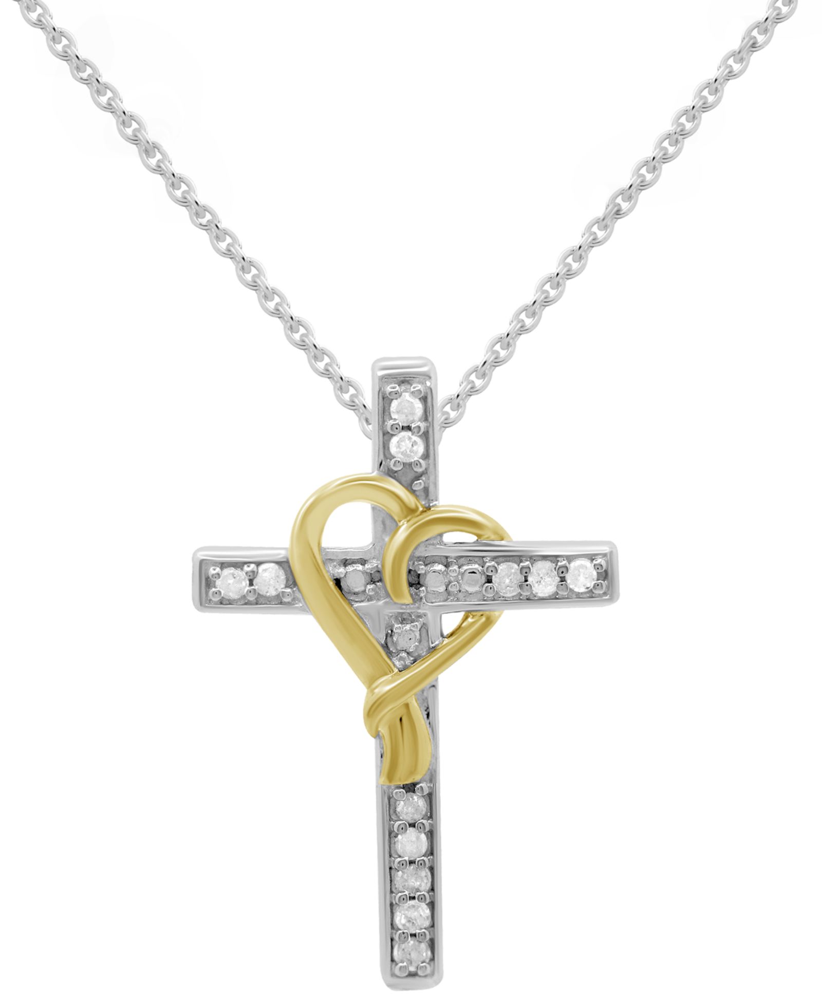 Подвеска с крестом и сердцем 18" (1/10 ct. t.w.) из стерлингового серебра и 14k Gold-Plate