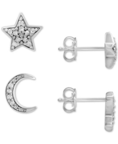 Macy's Diamond Moon & Star серьги-гвоздики (1/10 ct. t.w.) из стерлингового серебра