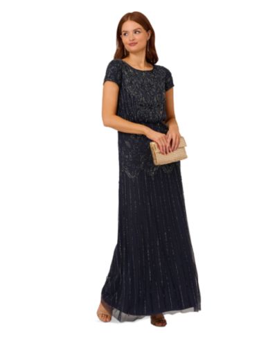 Женское вечернее платье Adrianna Papell Beaded Short-Sleeve Sheer-Overlay Gown