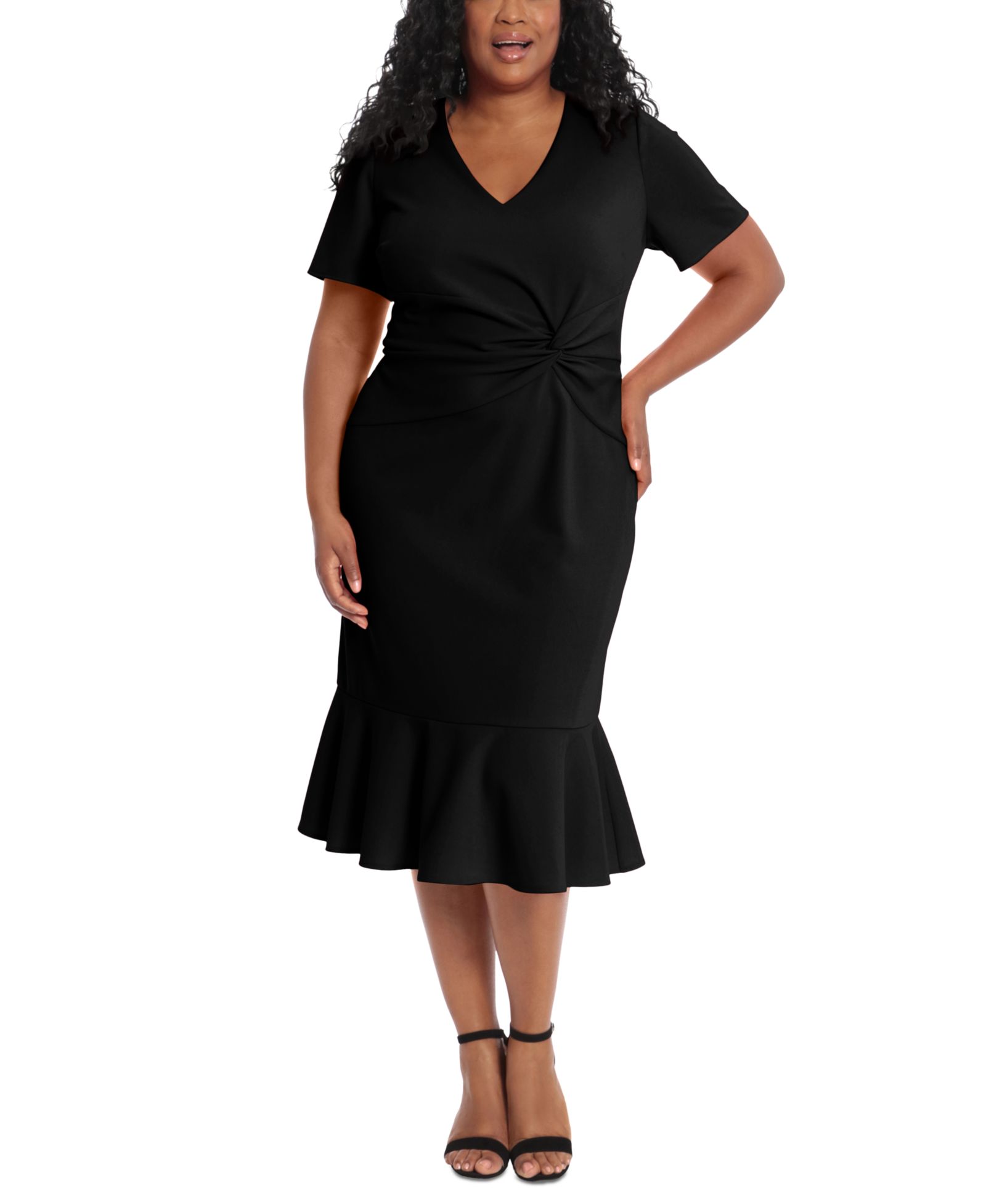 London Times Plus Size Twist-Front Flounce-Hem Dress