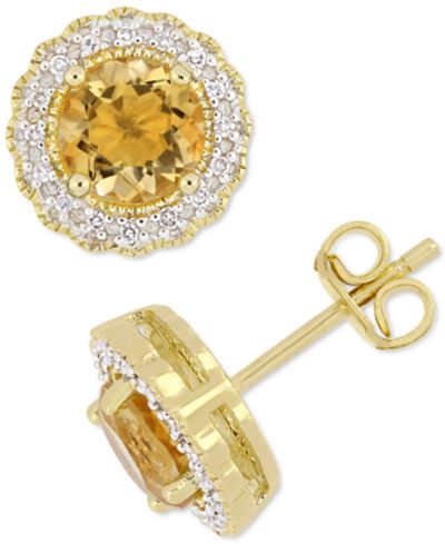 Серьги-гвоздики с цитрином (1-1/2 ct. t.w.) и бриллиантом (1/10 ct. t.w.) в позолоченном стерлинговом серебре 18k Gold-Plated
