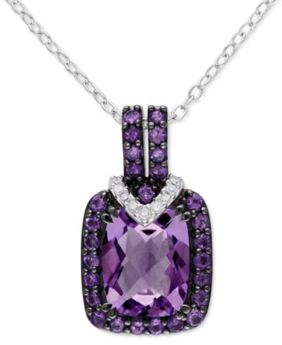 Ожерелье-подвеска с аметистом и бриллиантами, 18", Sterling Silver