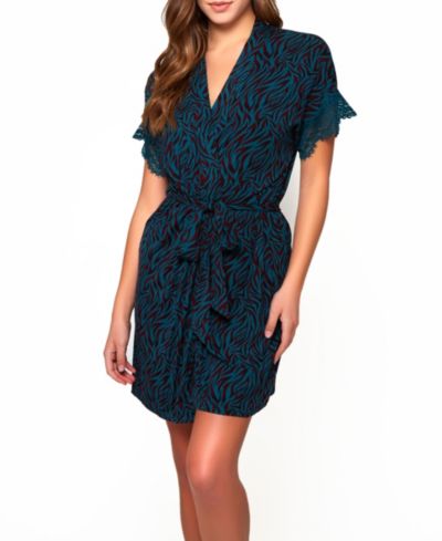 Women's Zebra Print Jersey Knit Robe with Lace Trims