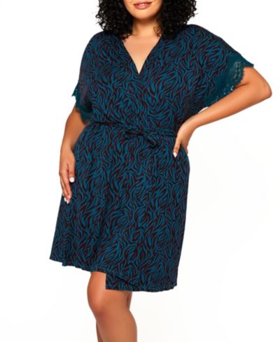 Plus Size Zebra Print Jersey Knit Robe with Lace Trims