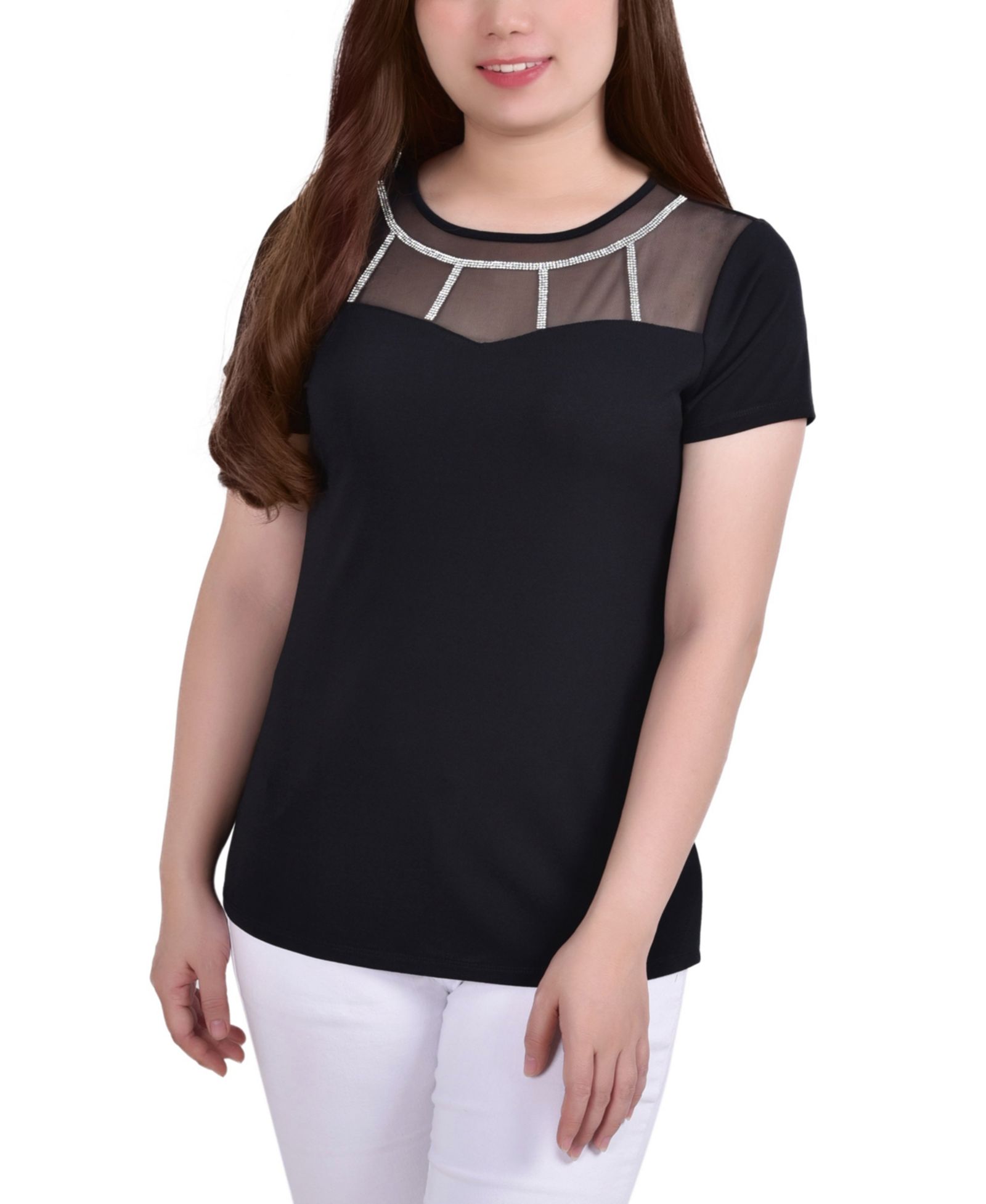 NY Collection Petite Short Sleeve Crepe Knit Top