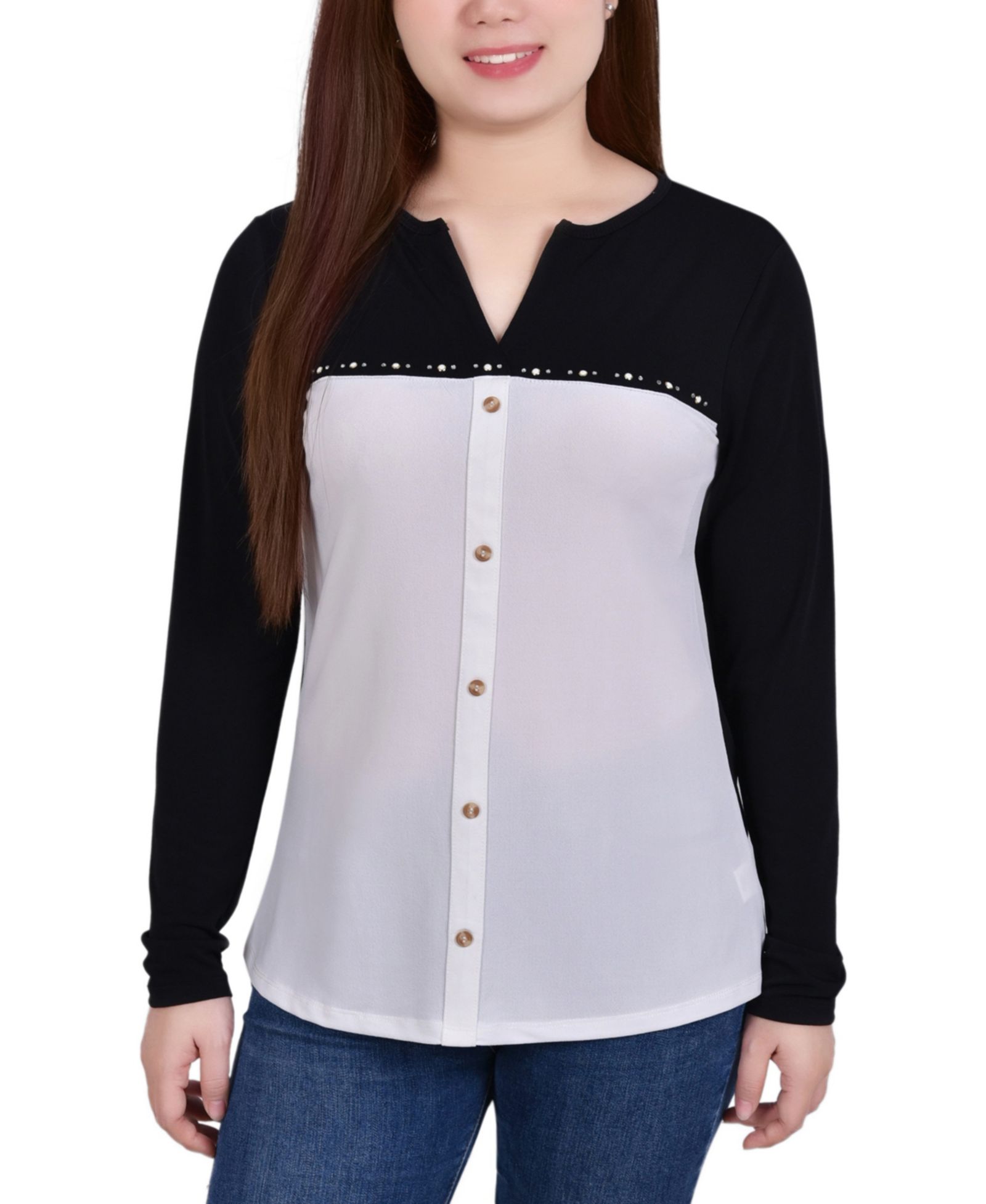 Женский топ NY Collection Petite Long Sleeve Studded Colorblocked Split Neck