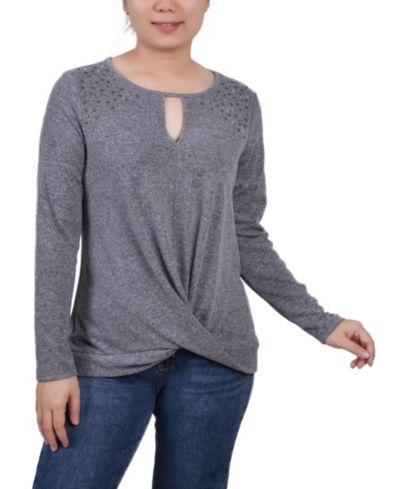 Топ NY Collection Petite Long Sleeve Knit Keyhole