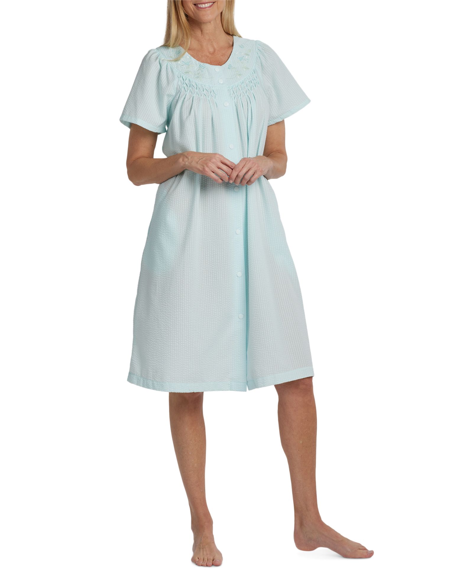 Miss Elaine Short-Sleeve Snap-Front Seersucker Robe