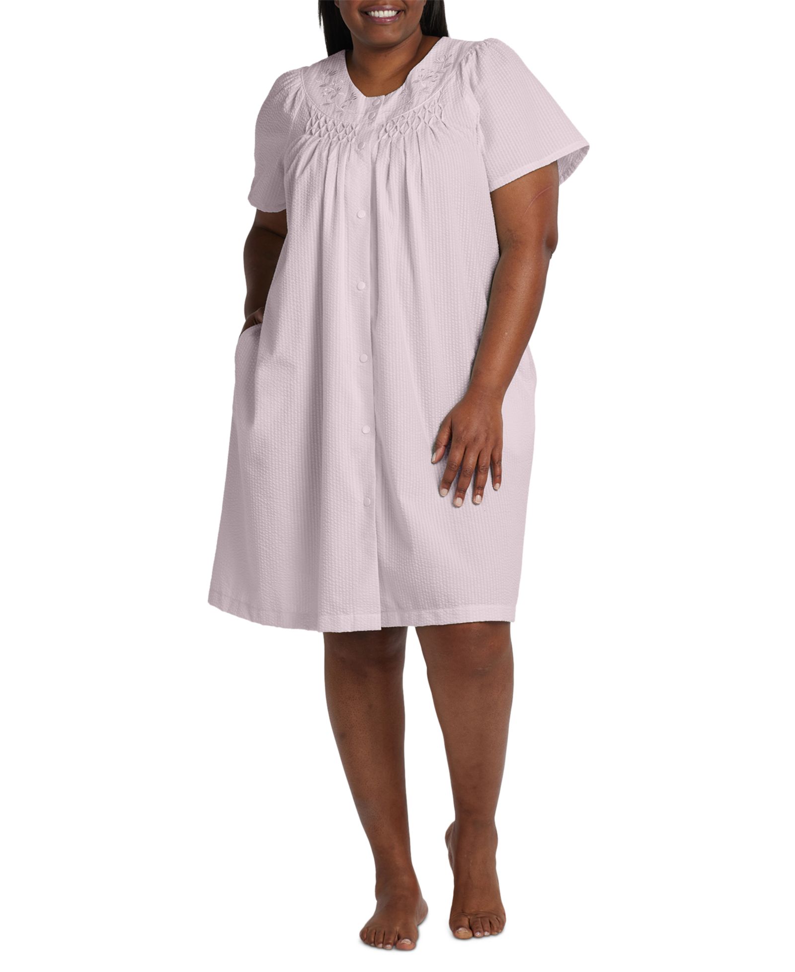 Miss Elaine Plus Size Snap-Front Short Seersucker Robe