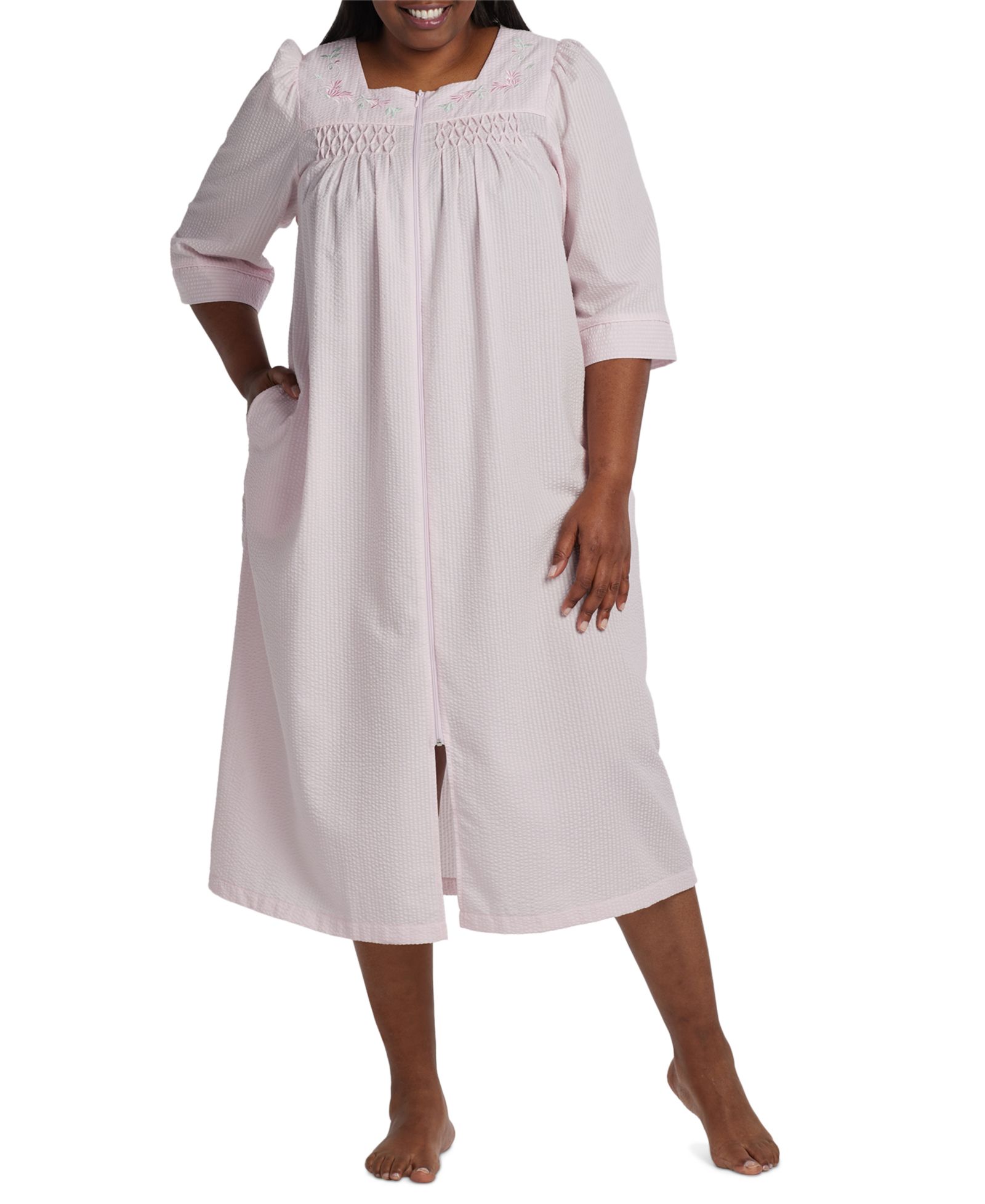 Miss Elaine Plus Size Long Zipper Seersucker Robe