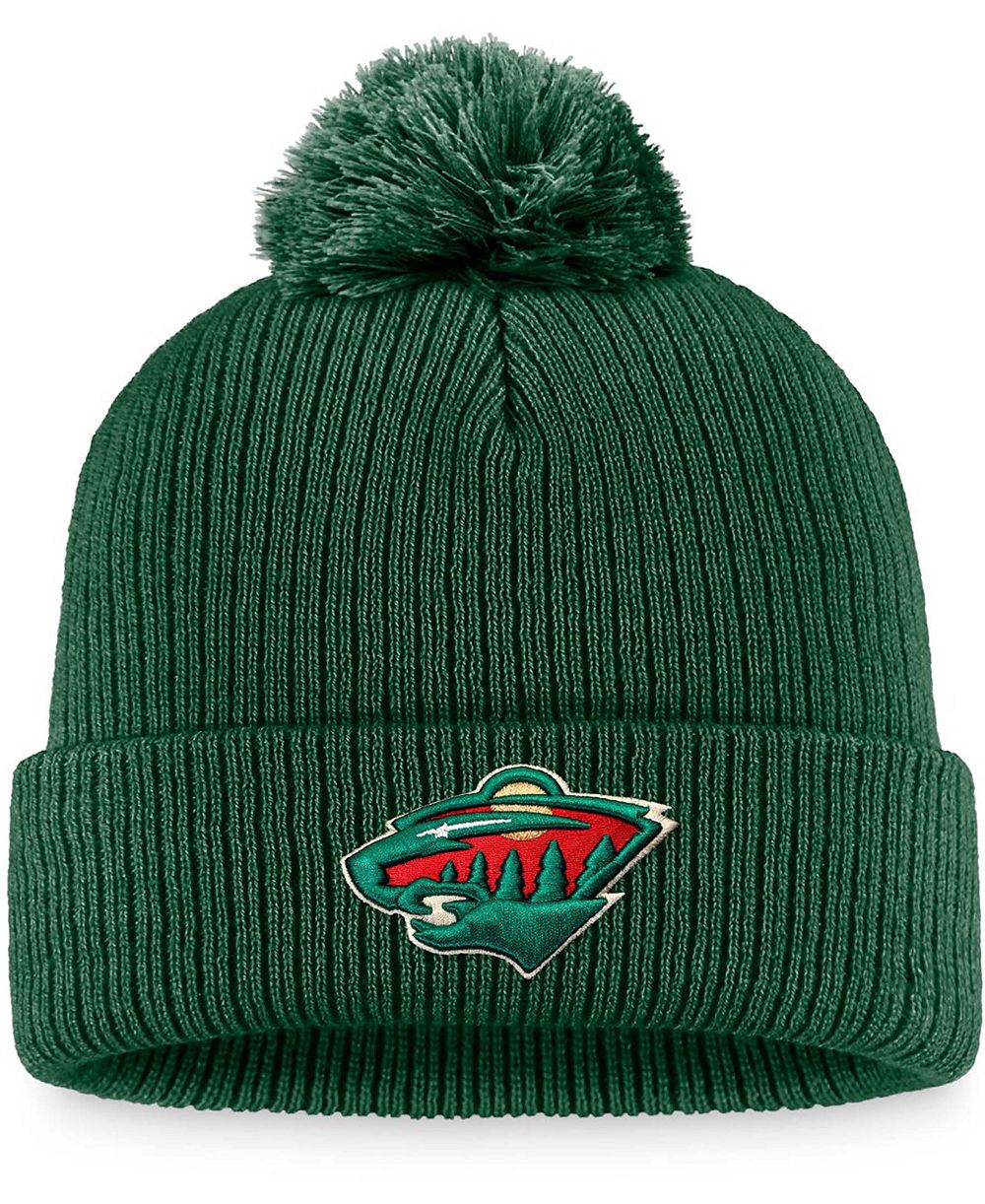 Мужская вязаная шапка Fanatics Green Minnesota Wild Core Primary Logo Cuffed с помпоном