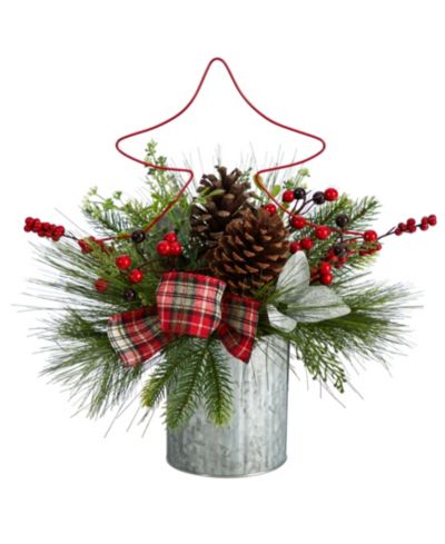 Nearly Natural Pinecone and Berries Artificial Christmas Arrangement with Decorative Metal Vase and Wire Christmas Tree, 17"