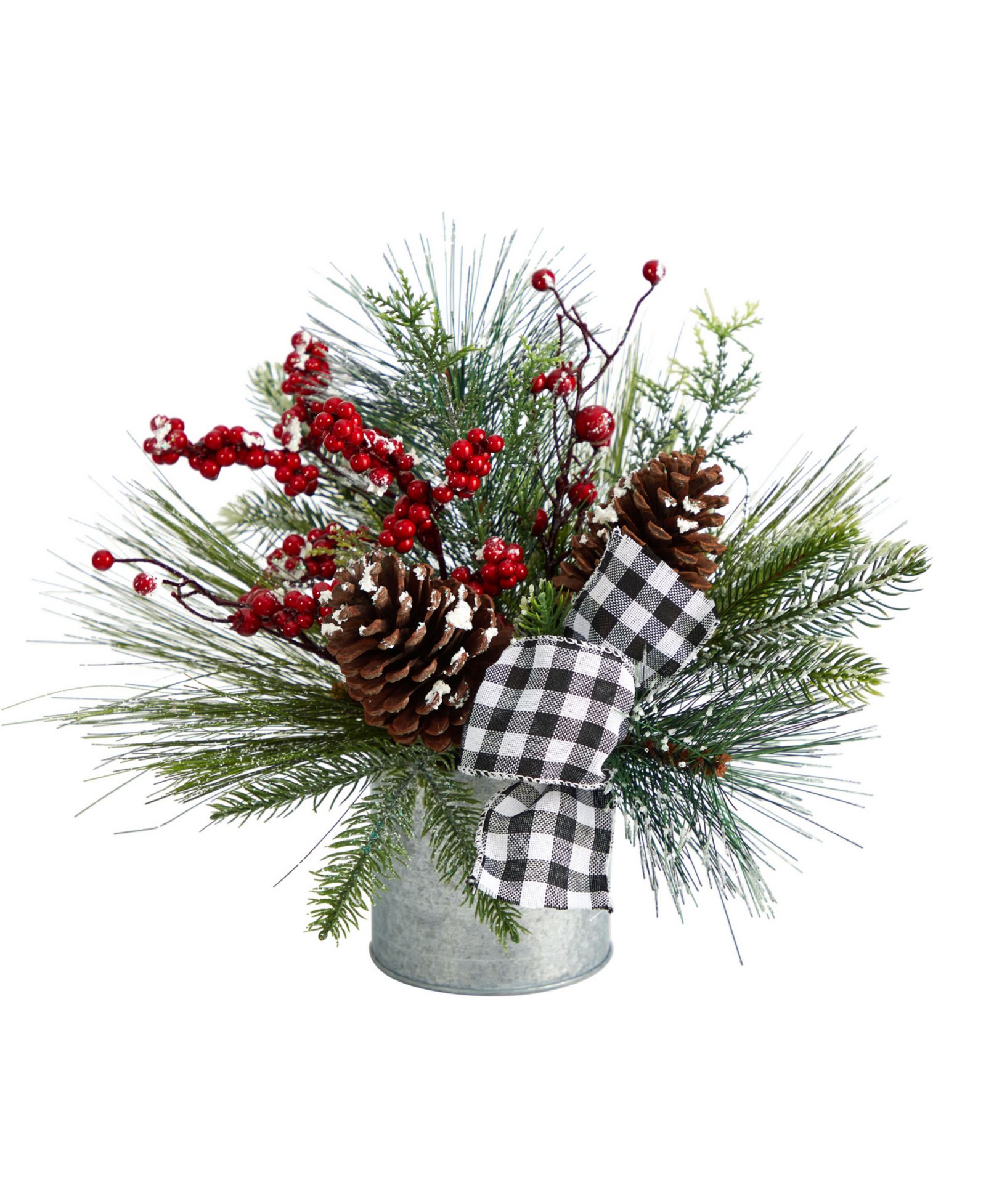 Nearly Natural Frosted Pinecones and Berries Artificial Arrangement in Vase with Decorative Plaid Bow, 12"