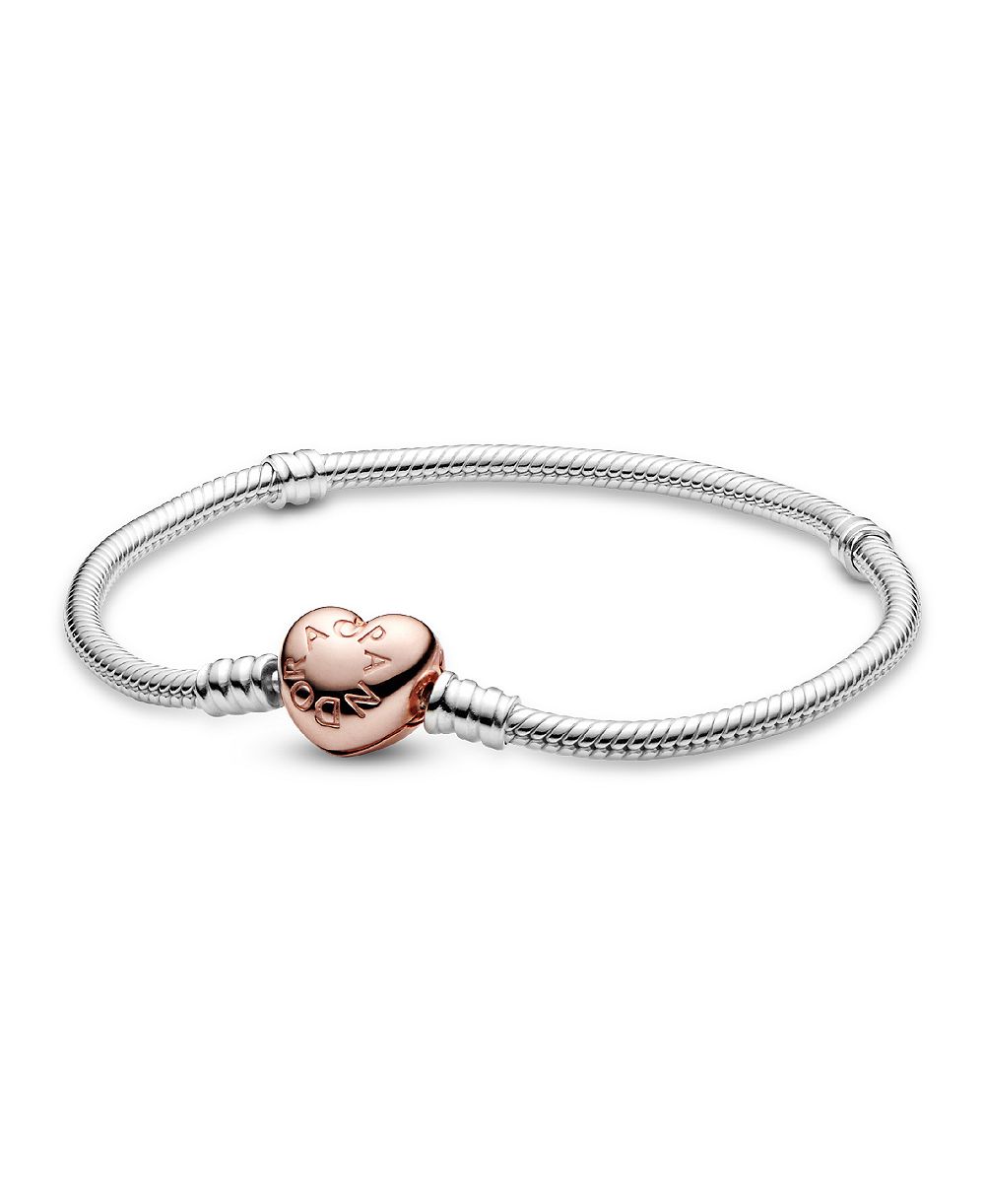 Браслет Pandora Moments Sterling Silver and 14K Rose Gold-Plated Heart Clasp Snake Chain