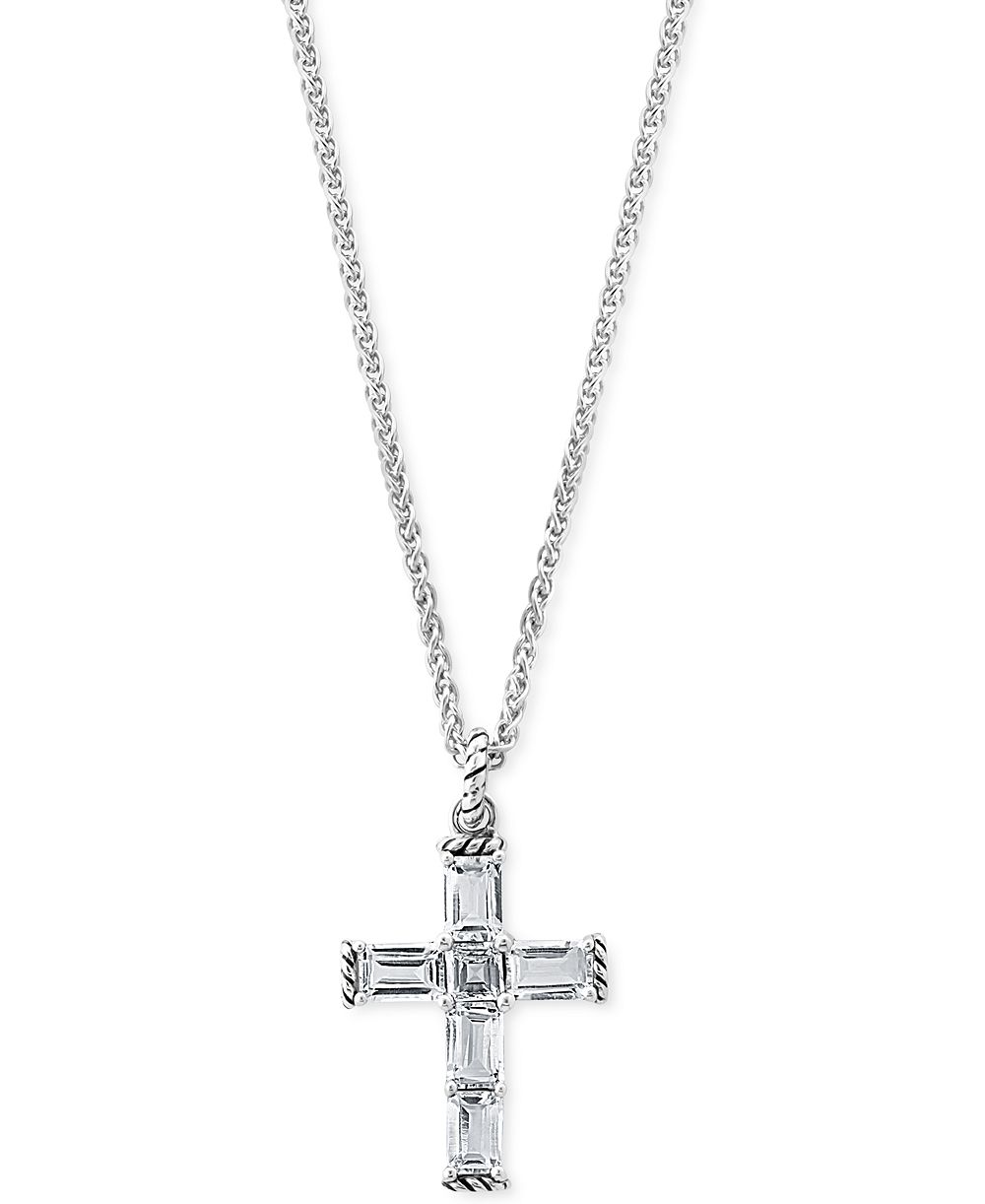 EFFY® White Topaz Square- & Emerald-Cut 18" Cross Pendant Necklace (5-1/10 ct. t.w.) in Sterling Silver