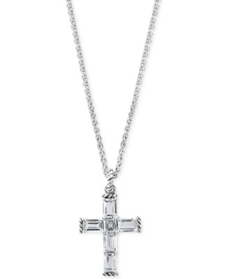 EFFY® White Topaz Square- & Emerald-Cut 18" Cross Pendant Necklace (5-1/10 ct. t.w.) in Sterling Silver