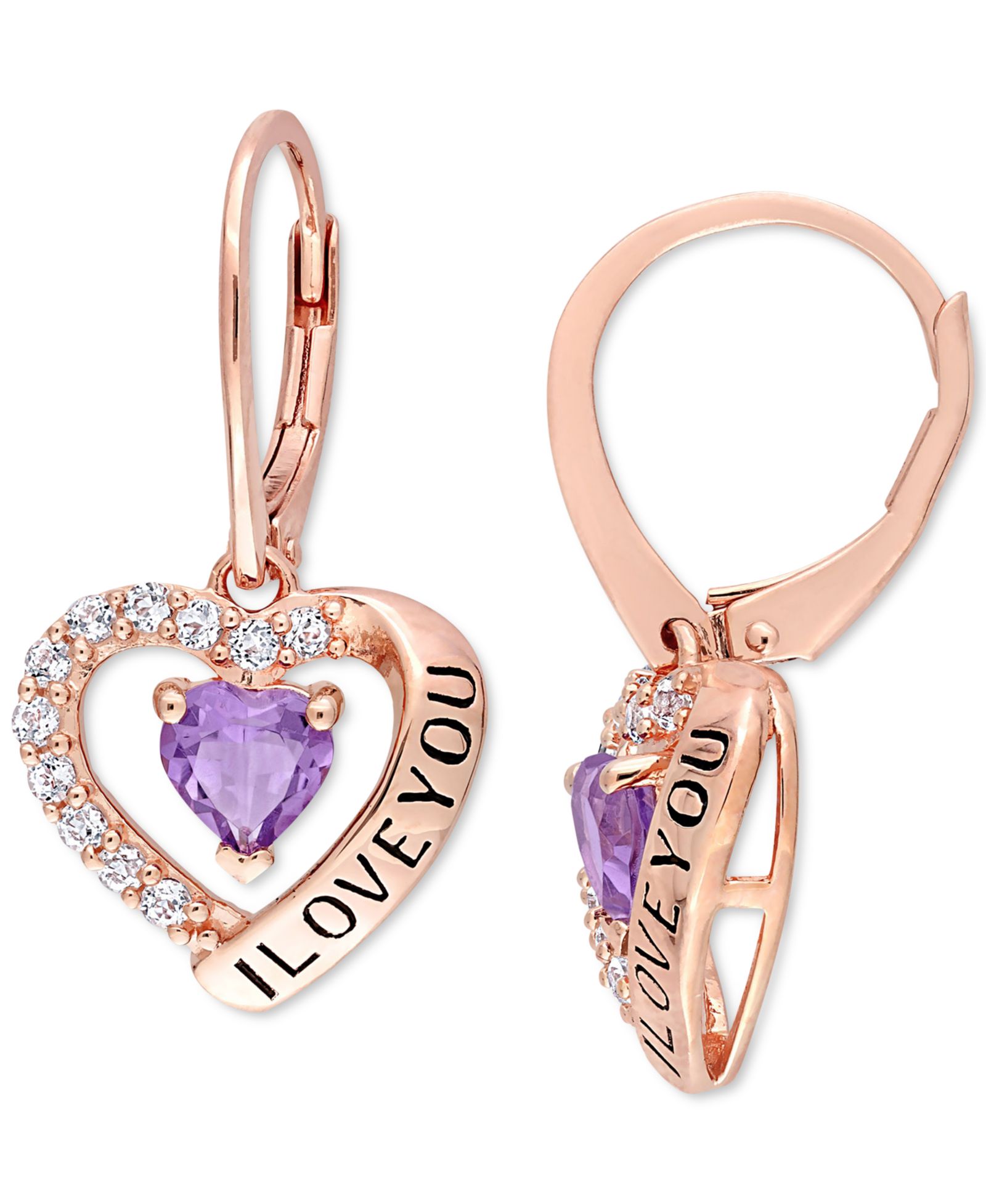 Серьги-подвески с аметистом и белым топазом в сердце из розового золота 18k и стерлингового серебра