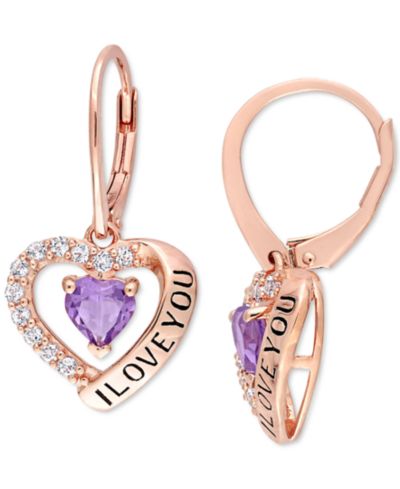 Серьги-подвески с аметистом и белым топазом в сердце из розового золота 18k и стерлингового серебра