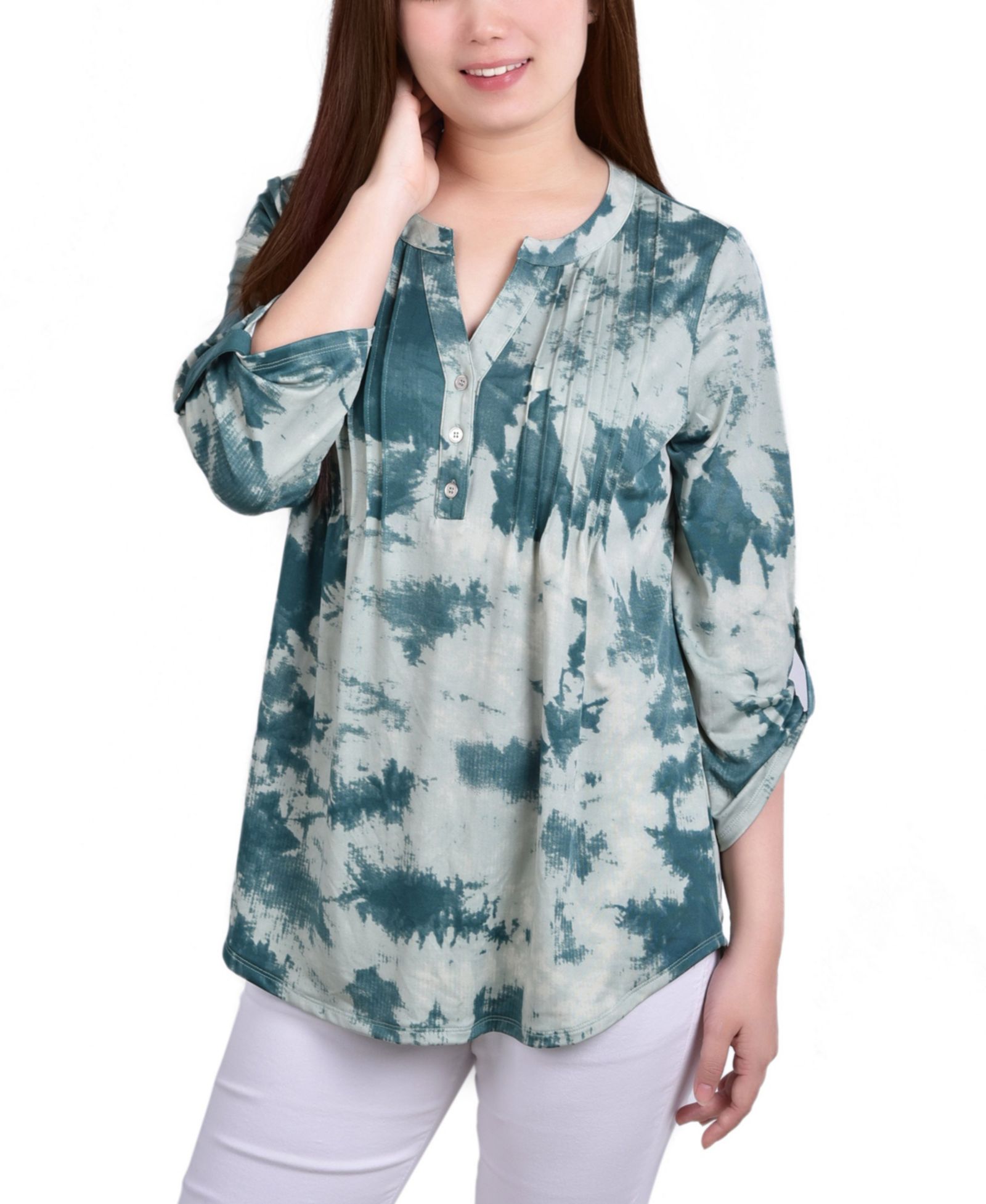 NY Collection Petite Knit Jacquard 3/4 Sleeve Roll Tab Pintuck Top