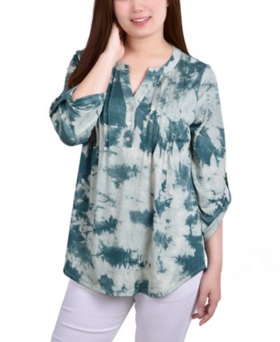 NY Collection Petite Knit Jacquard 3/4 Sleeve Roll Tab Pintuck Top