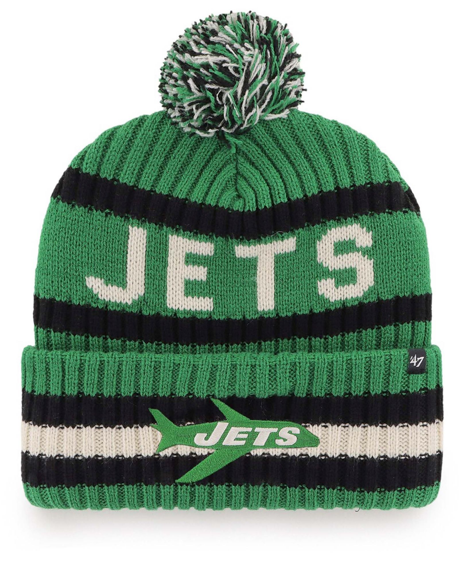 Мужская шапка '47 Brand Men's Kelly Green New York Jets Legacy Bering Cuffed Knit Hat with Pom