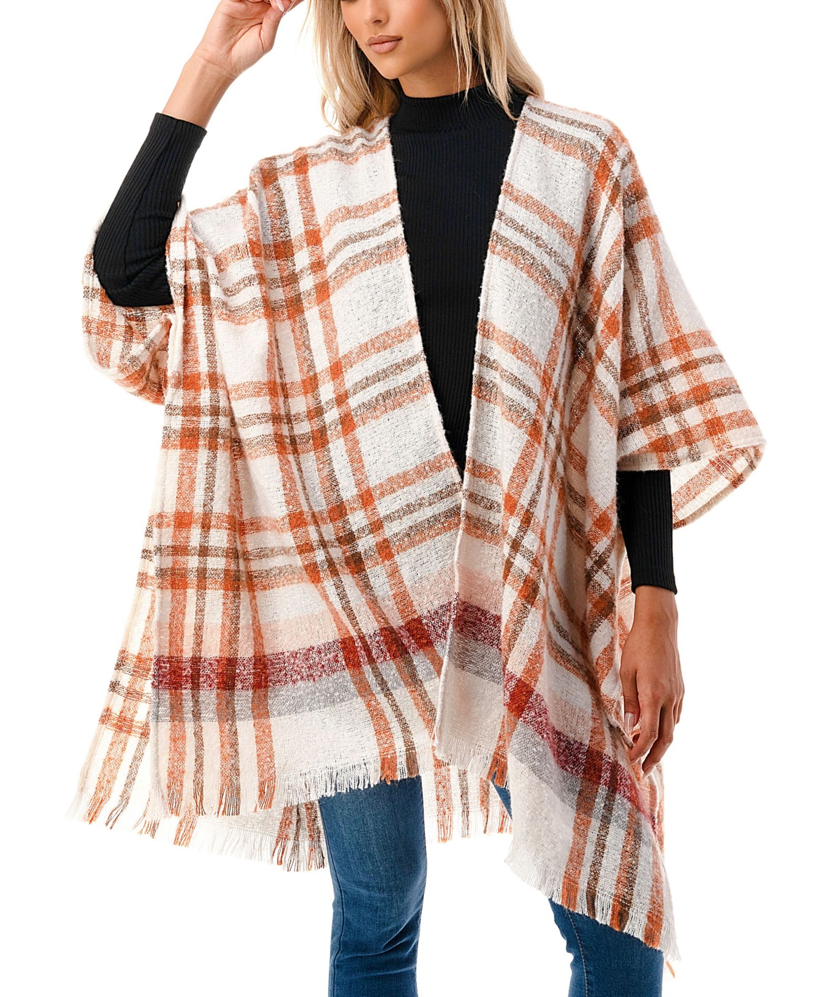 Женская кимоно Marcus Adler Open-Front Plaid Fringe-Trim