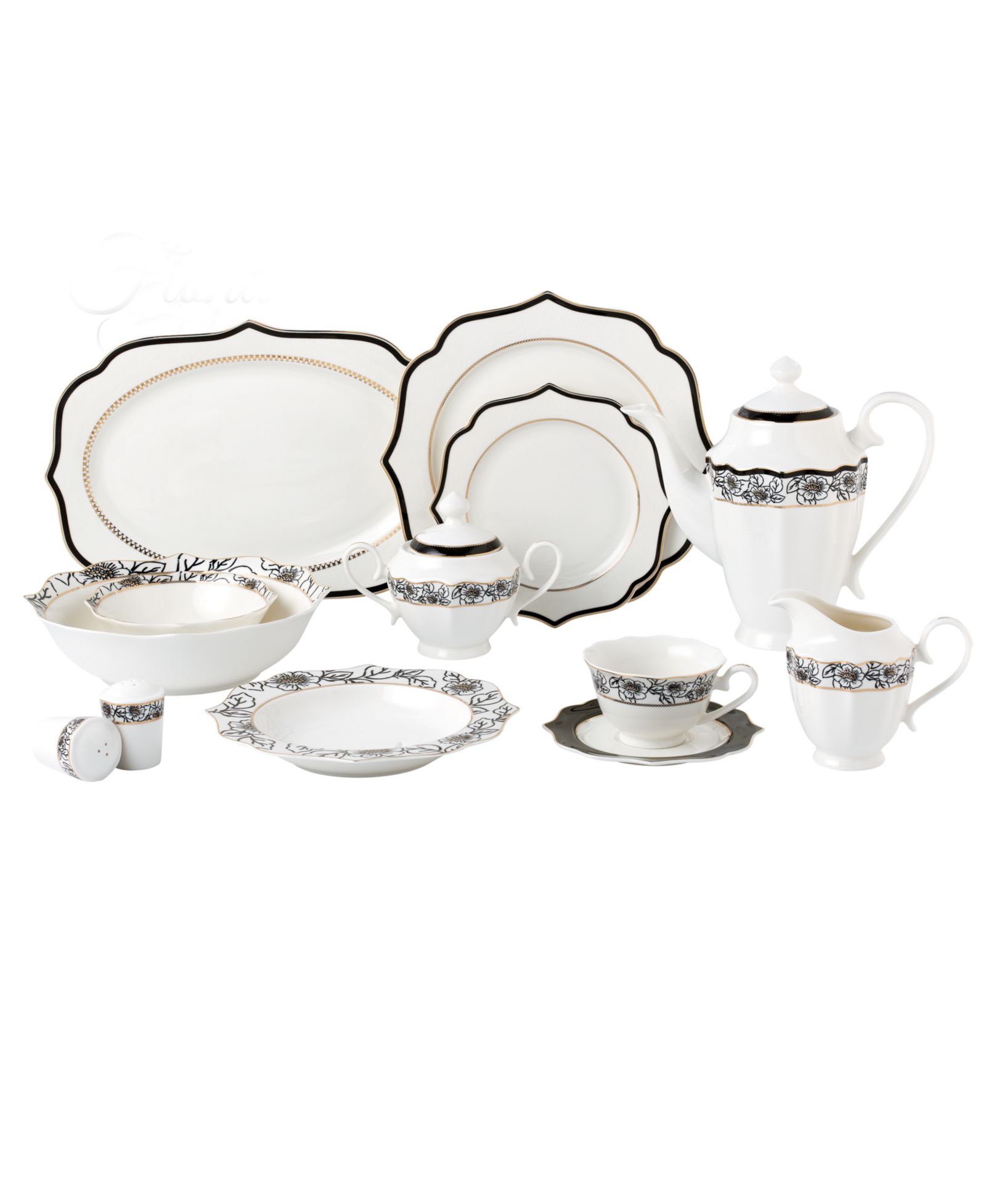 Lorren Home Trends сервировка из костяного фарфора Wavy Mix and Match Fiona, набор из 57 предметов