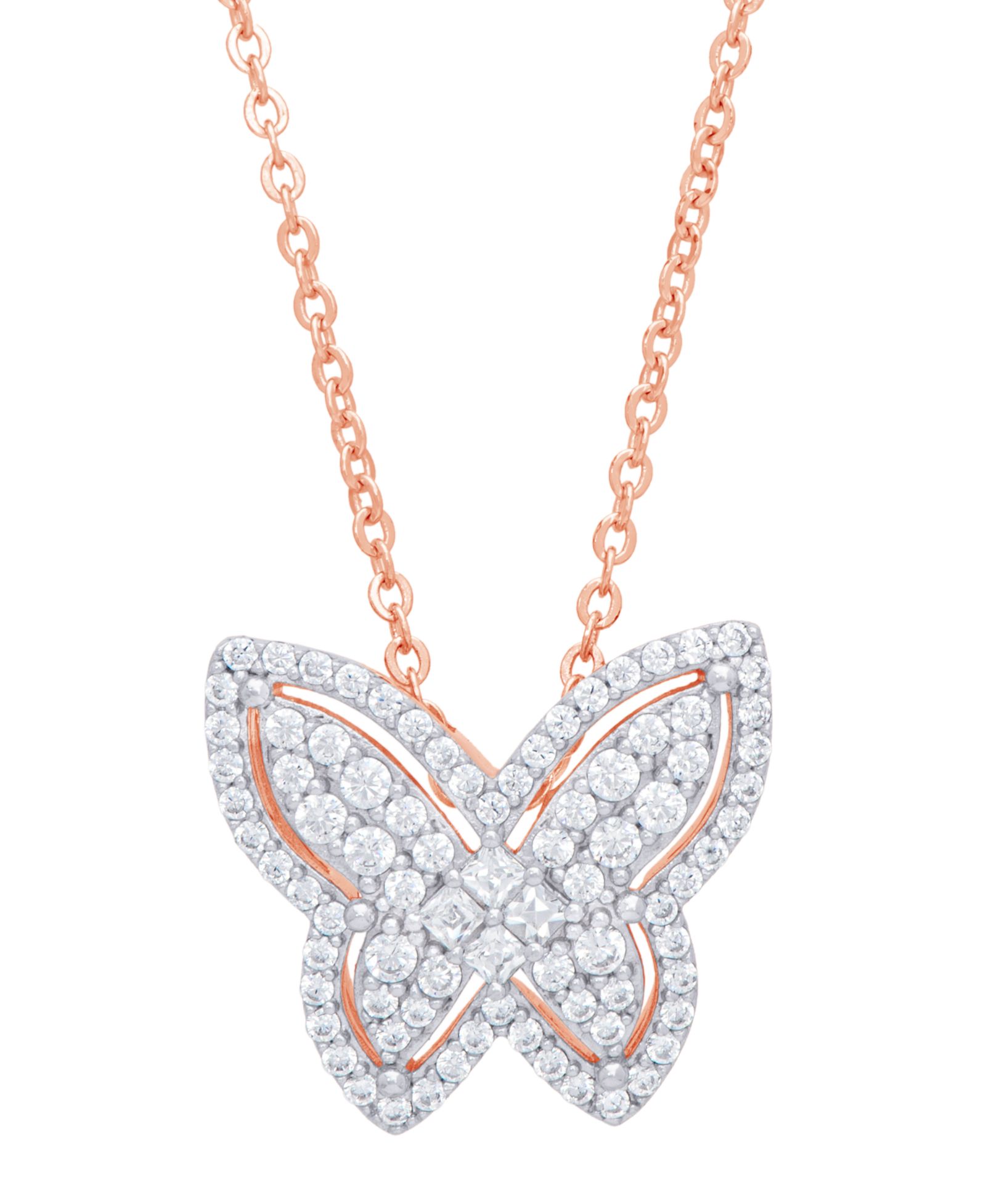 Cubic Zirconia Butterfly Necklace in Fine Rose Gold Plate or Fine Silver Plate