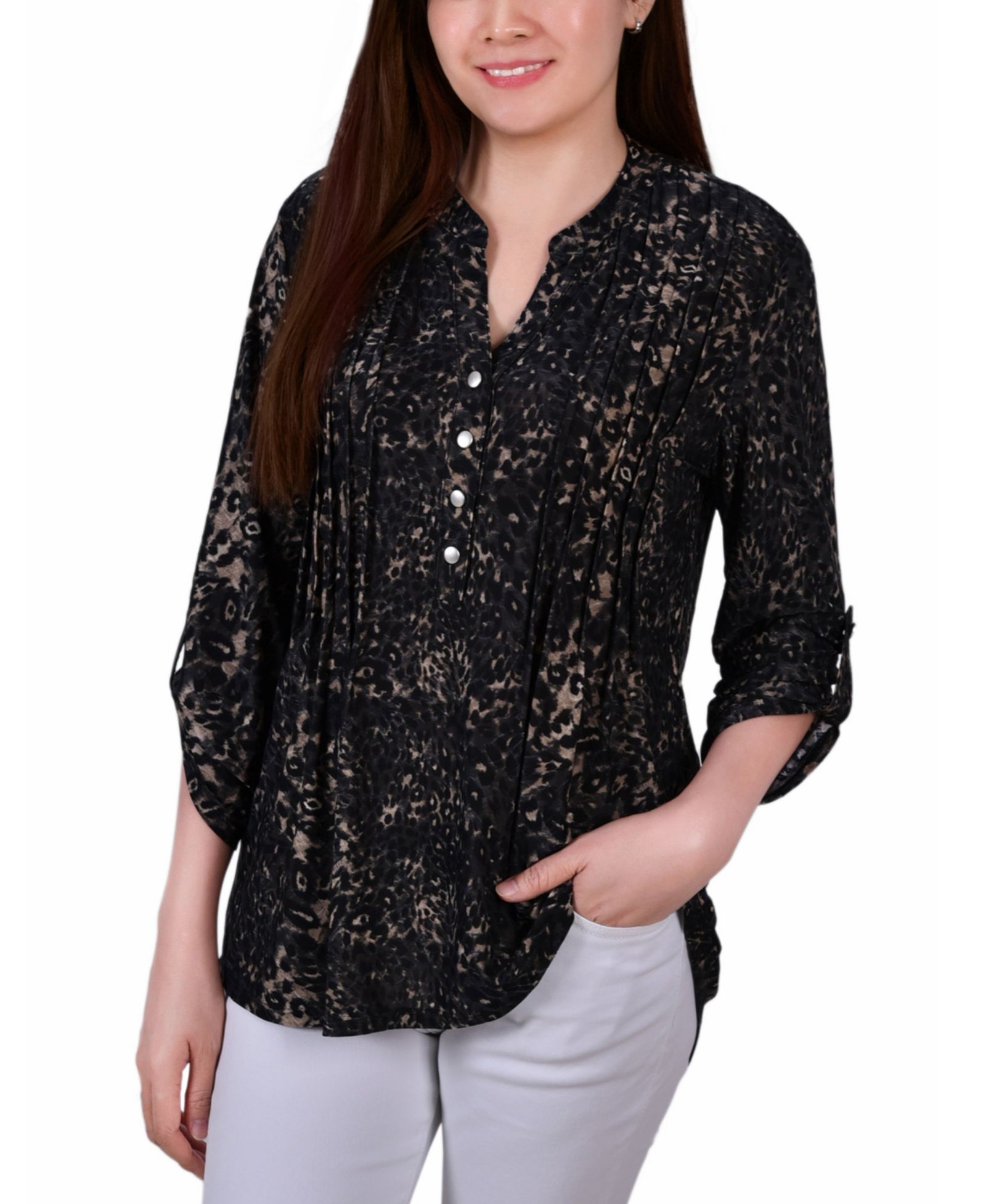 Женский топ NY Collection Petite Pintuck Roll Tab Sleeve