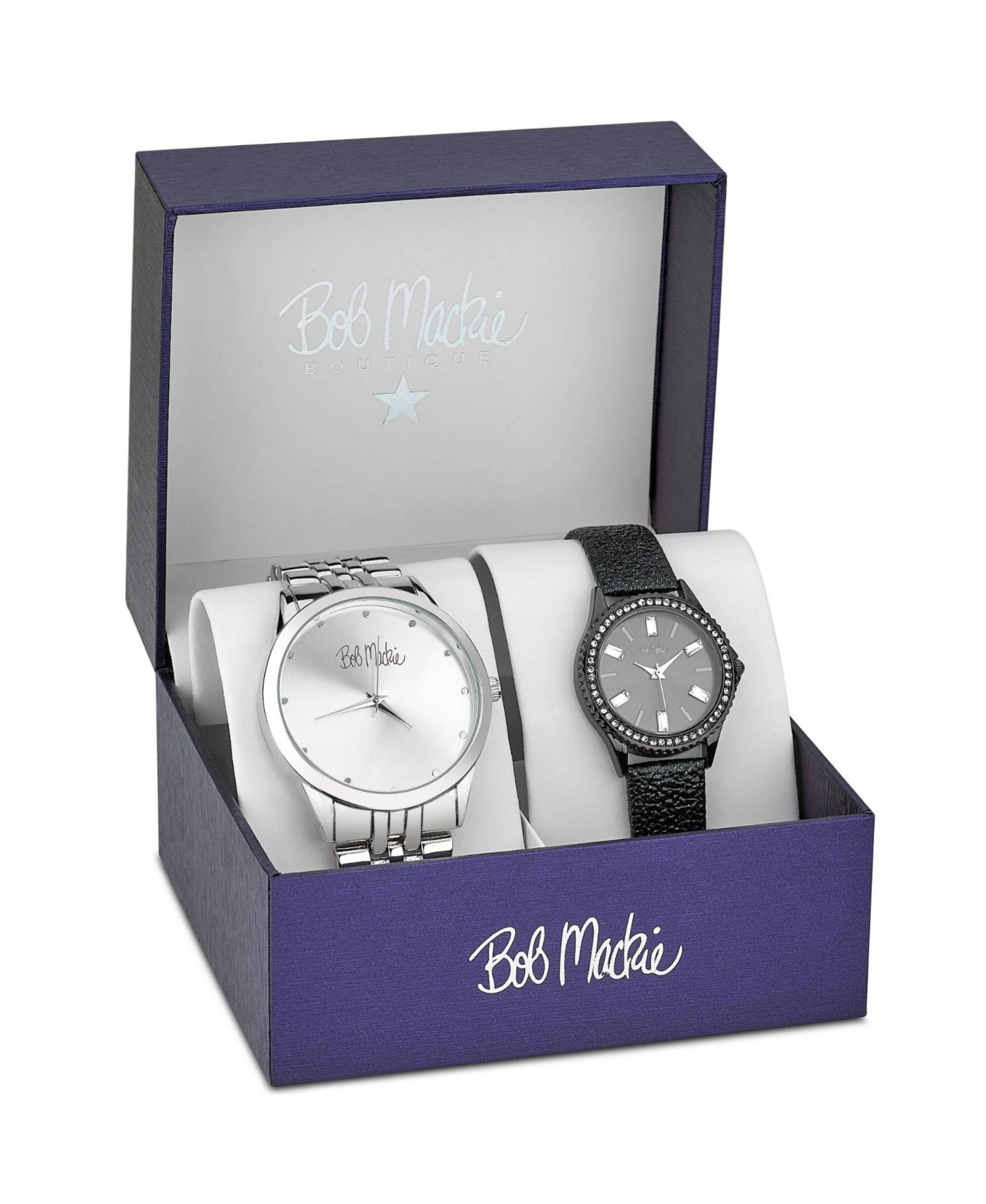 Bob Mackie Men's and Women's Silver-tone Base Metal Bracelet and Black Faux Leather Strap 2 Piece Watch Set 45mm and 32mm