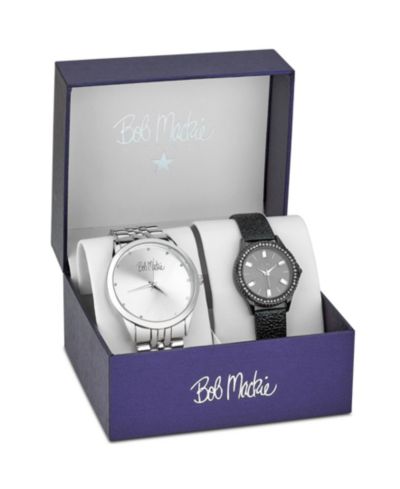 Bob Mackie Men's and Women's Silver-tone Base Metal Bracelet and Black Faux Leather Strap 2 Piece Watch Set 45mm and 32mm