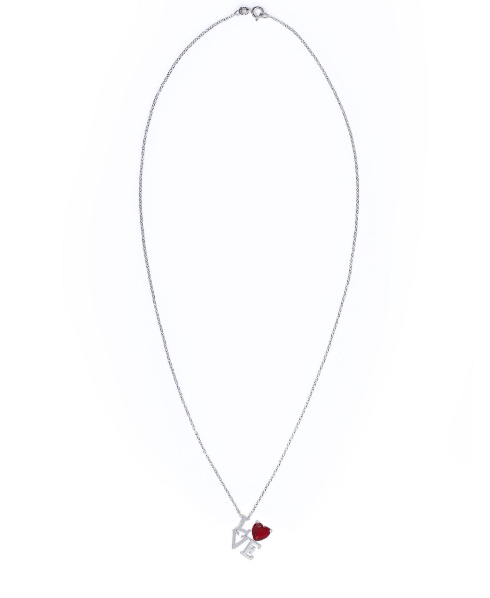 Simulated Ruby 'Love' Pendant Necklace in Fine Silver Plate