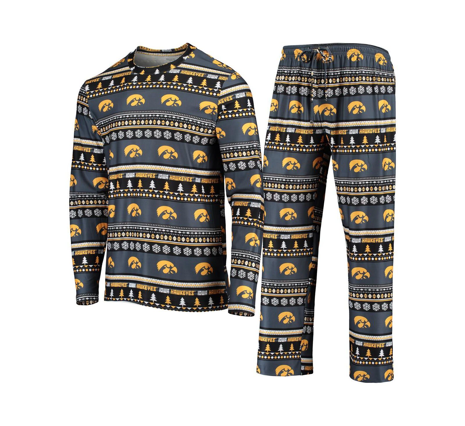 Men's Black Iowa Hawkeyes Ugly Sweater Long Sleeve T-shirt and Pants Sleep Set