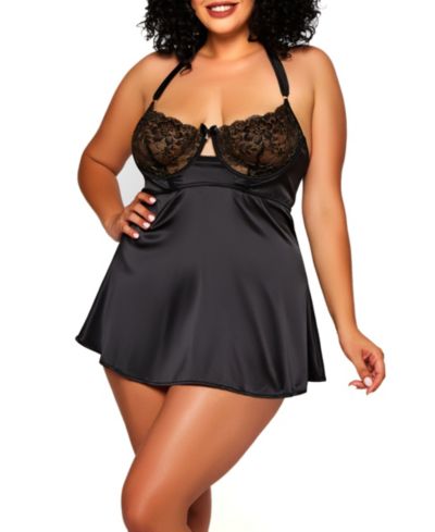 iCollection Plus Size Roseanne Silky Babydoll Chemise 2-Piece Lingerie Set