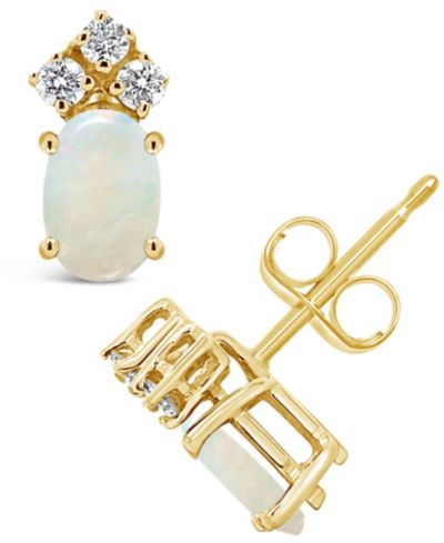 Серьги-гвоздики с опалом (1/2 ct. t.w.) и бриллиантом (1/8 ct. t.w.) в 14K желтом или 14K белом золоте