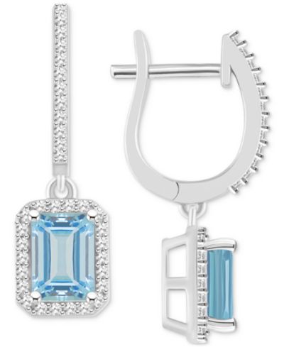 Macy's серьги-подвески с аквамарином (1-3/4 ct. t.w.) и бриллиантом (1/3 ct. t.w.) в оправе Halo из стерлингового серебра