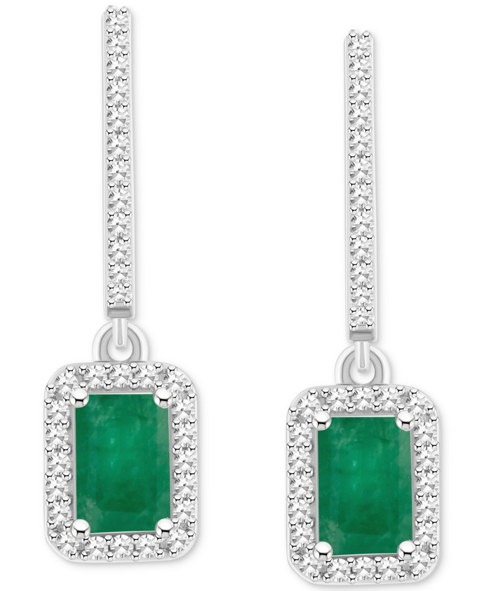 Emerald (1-1/8 ct. t.w.) & Diamond (1/3 ct. t.w.) Leverback Drop Earrings in Sterling Silver (Also in Ruby & Sapphire)