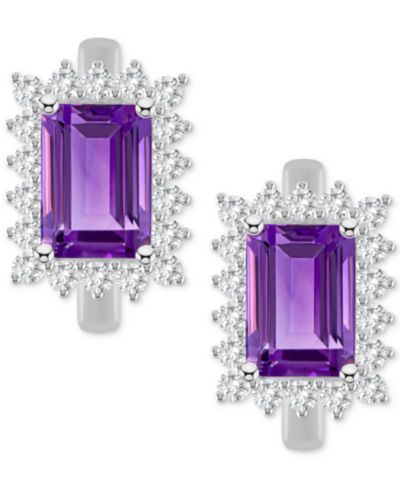 Rhodolite Garnet (2-1/2 ct. t.w.) & White Topaz (3/4 ct. t.w.) Halo Hoop Earrings in Sterling Silver (Also in Citrine, Blue Topaz, Amethyst & Peridot)