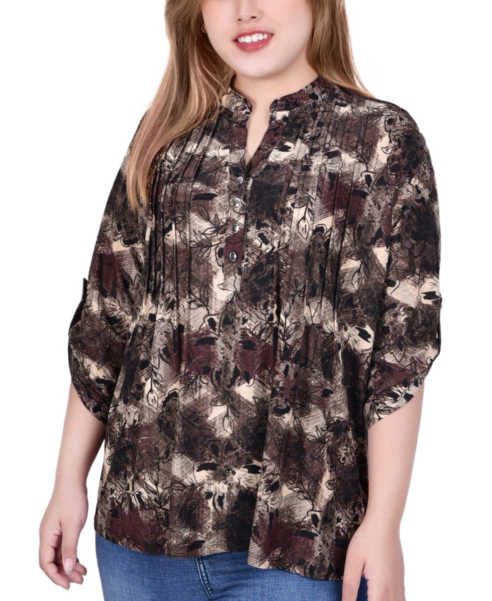 Plus Size топ с рукавом 3/4 и V-образным вырезом