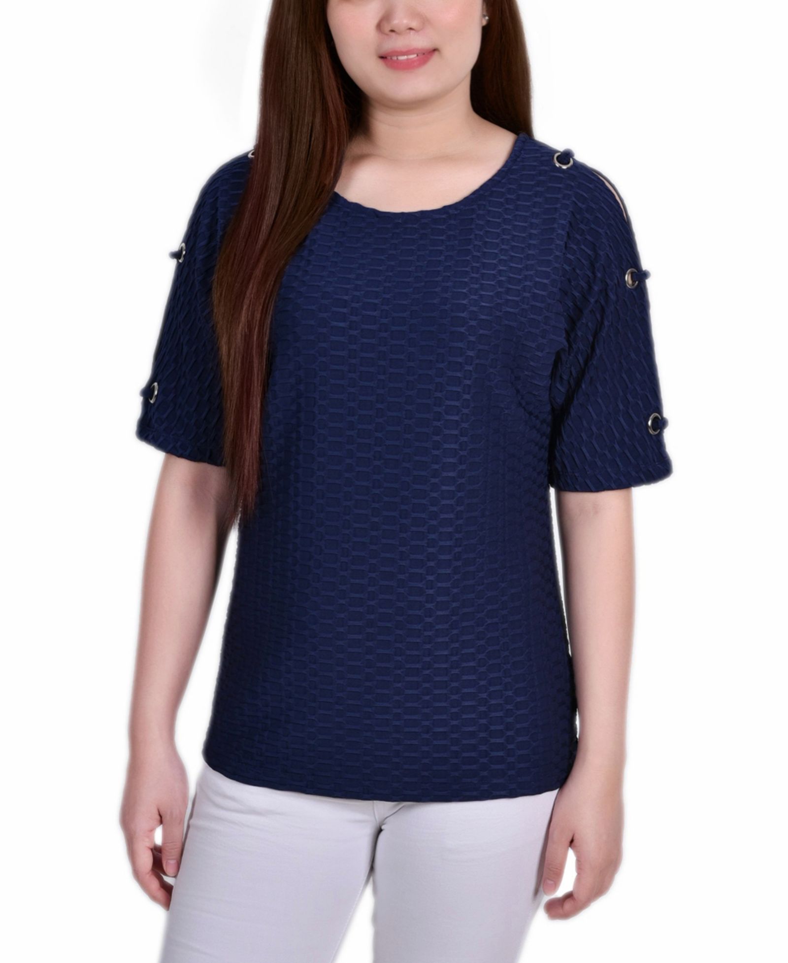 NY Collection Petite Short Sleeve Honeycomb Textured Grommet Top