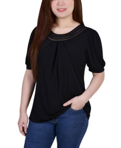 Топ NY Collection Petite Short Puff Sleeve Mesh Inset